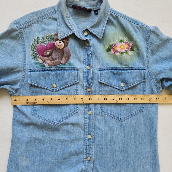 Vintage Denim Shirt Teddy Bear Floral Short Sleeve Spring Summer Cute Teddy Core - Picture 12 of 13